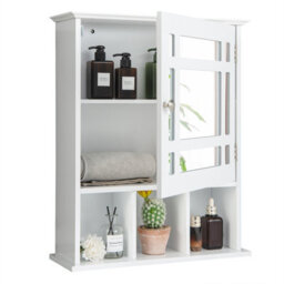 Costway Bathroom Wall Storage Cabinet Wooden Hanging Medicine Organizer W/ Mirror White - thumbnail 2