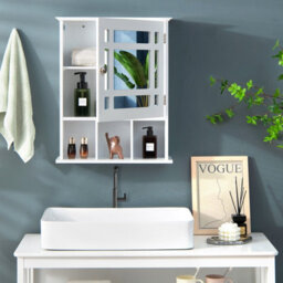 Costway Bathroom Wall Storage Cabinet Wooden Hanging Medicine Organizer W/ Mirror White - thumbnail 4