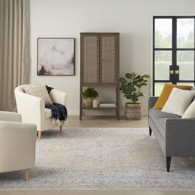 Grey Gold Floral Bordered Traditional Rug For Dining Room Bedroom & Living Room-66Cm X 160Cm