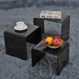 Nest Of 3 Bent Glass Coffee Table Modern Nesting Side Table For Living Room  Black - thumbnail 3
