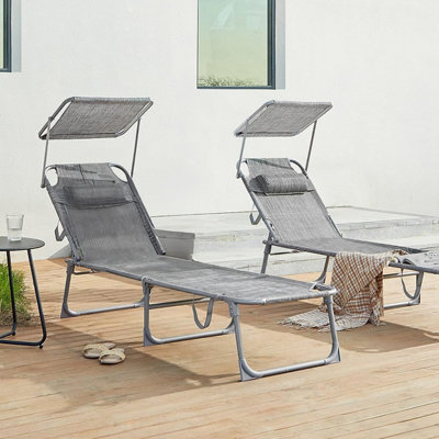 Songmics Reclining Sun Chair With Adjustable Backrest, Folding Deck Chair Sun Lounger, With Sunshade Headrest, Greige - image 1