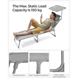 Songmics Reclining Sun Chair With Adjustable Backrest, Folding Deck Chair Sun Lounger, With Sunshade Headrest, Greige - thumbnail 6