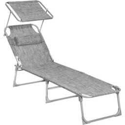 Songmics Reclining Sun Chair With Adjustable Backrest, Folding Deck Chair Sun Lounger, With Sunshade Headrest, Greige - thumbnail 2