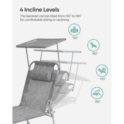 Songmics Reclining Sun Chair With Adjustable Backrest, Folding Deck Chair Sun Lounger, With Sunshade Headrest, Greige - thumbnail 3