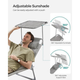 Songmics Reclining Sun Chair With Adjustable Backrest, Folding Deck Chair Sun Lounger, With Sunshade Headrest, Greige - thumbnail 4