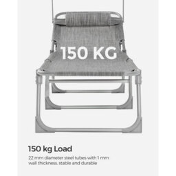 Songmics Reclining Sun Chair With Adjustable Backrest, Folding Deck Chair Sun Lounger, With Sunshade Headrest, Greige - thumbnail 5