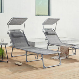 Songmics Reclining Sun Chair With Adjustable Backrest, Folding Deck Chair Sun Lounger, With Sunshade Headrest, Greige - thumbnail 1
