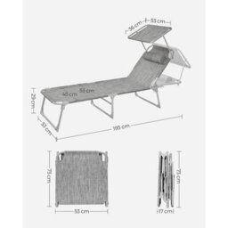 Songmics Reclining Sun Chair With Adjustable Backrest, Folding Deck Chair Sun Lounger, With Sunshade Headrest, Greige - thumbnail 9