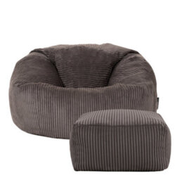 icon Kingston Cord Adults Bean Bag Chair And Pouffe, Ready Filled Beanbag And Footstool Charcoal Grey