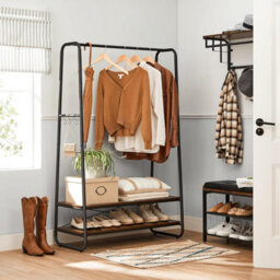 Clothes Rail, Heavy Duty 2 Shelf Clothes Rack, 6 S Hooks And Steel Frame, For Bedroom, Industrial, Rustic Brown And Black