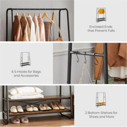Songmics Clothes Rail, Heavy Duty 2 Shelf Clothes Rack, 6 S Hooks And Steel Frame, For Bedroom, Industrial, Rustic Brown And Black - thumbnail 5