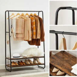 Songmics Clothes Rail, Heavy Duty 2 Shelf Clothes Rack, 6 S Hooks And Steel Frame, For Bedroom, Industrial, Rustic Brown And Black - thumbnail 7