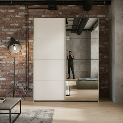 Furnipol Sophistispace 150L Sliding Wardrobe With Mirror Modern 2 Door Bedroom Storage In White Oak Finish Cashmere - image 1