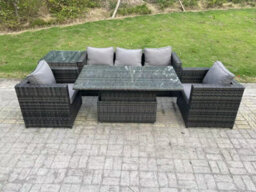 Fimous Outdoor Rattan Garden Furniture Sofa Set Patio Adjustable Rising Lifting Dining Table Set With Side Table For Balcony - thumbnail 2