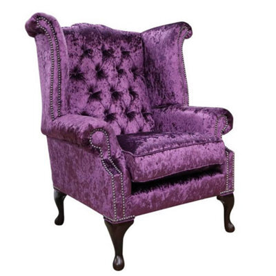 Chesterfield High Back Wing Chair Shimmer Amethyst Purple Velvet In Queen Anne Style - image 1