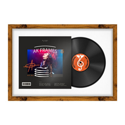 "AK Frames 25X17"" Rustic Oak Modern Vinyl Record Frame With White Mount For 12 Inch Lp Cover & Disc - Overlapped Design" - image 1