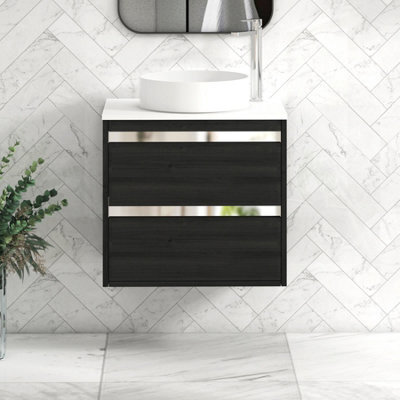 Royal Bathrooms Orion 600mm Hale Black Wall Hung Plain White Countertop Vanity Unit 2 Drawer With Art Basin & Chrome Accent Trim - image 1