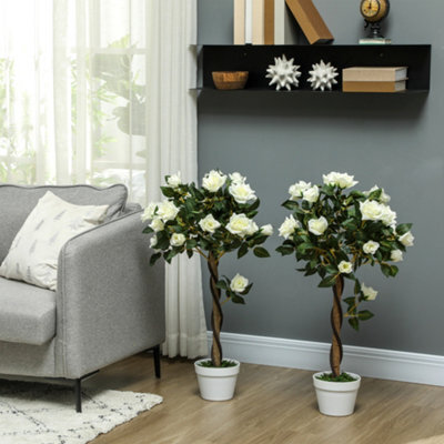 Outsunny Set Of 2 90Cm Artificial Rose Tree, Fake Decorative Plant, White