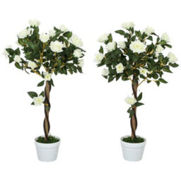 Outsunny Set Of 2 90Cm Artificial Rose Tree, Fake Decorative Plant, White - thumbnail 2