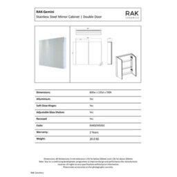 RAK Ceramics Rak Gemini 800X700mm Silvery White Square Illuminated Mirror Cabinet - thumbnail 2