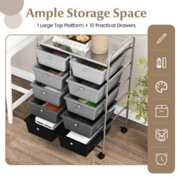 Costway 10 Drawers Storage Trolley Mobile Rolling Utility Cart Home Office Organizer - thumbnail 4