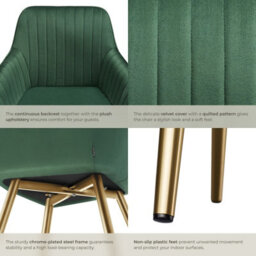 Tectake 1 Dining Chair Marilyn - Quilted Velvet, Continuous Backrest, Gold Steel Legs  - Dark Green/gold - thumbnail 5