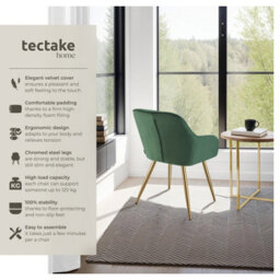 Tectake 1 Dining Chair Marilyn - Quilted Velvet, Continuous Backrest, Gold Steel Legs  - Dark Green/gold - thumbnail 2