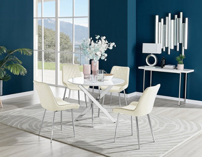 Furniturebox Novara White High Gloss 100Cm Round Dining Table With Chrome Starburst Legs & 4 Cream Pesaro Velvet Chairs - image 1