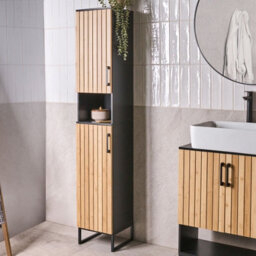 Wyld And Coco Nova Tall Wall-Mounted Bathroom Cabinet Light Brown Bamboo Mdf Steel 170X30Cm - thumbnail 2