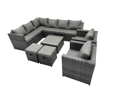 Fimous Rattan Garden Furniture Patio Furniture Sets With Corner Sofa Square Coffee Table 2 Small Footstools Dark Grey Mixed - image 1