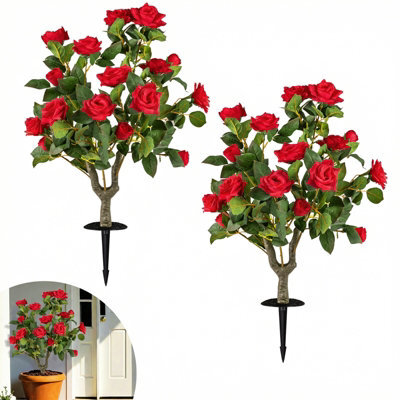 Gainoom 2 Pack Artificial Rose Flower Trees Fake Shrub Plants Sun-Proof Indoor & Outdoor Silk Floral Topiary Plants - image 1