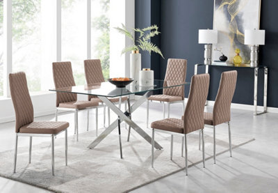Furniturebox Leonardo 6 Seater Rectangular Glass Dining Table With Silver Metal Leg & 6 Beige Milan Faux Leather Silver Leg Chairs - image 1