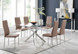 Furniturebox Leonardo 6 Seater Rectangular Glass Dining Table With Silver Metal Leg & 6 Beige Milan Faux Leather Silver Leg Chairs