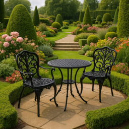 Homeology Bangui Black Outdoor Garden Patio Table And 2 Large Chairs With Armrests Cast Aluminium Bistro Set - thumbnail 8