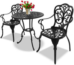 Homeology Bangui Black Outdoor Garden Patio Table And 2 Large Chairs With Armrests Cast Aluminium Bistro Set - thumbnail 1