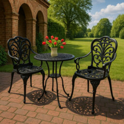 Homeology Bangui Black Outdoor Garden Patio Table And 2 Large Chairs With Armrests Cast Aluminium Bistro Set - thumbnail 2