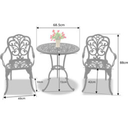 Homeology Bangui Black Outdoor Garden Patio Table And 2 Large Chairs With Armrests Cast Aluminium Bistro Set - thumbnail 5