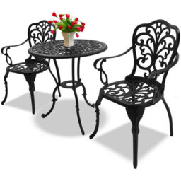 Homeology Bangui Black Outdoor Garden Patio Table And 2 Large Chairs With Armrests Cast Aluminium Bistro Set - thumbnail 3