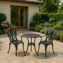 Homeology Bangui Black Outdoor Garden Patio Table And 2 Large Chairs With Armrests Cast Aluminium Bistro Set - thumbnail 4