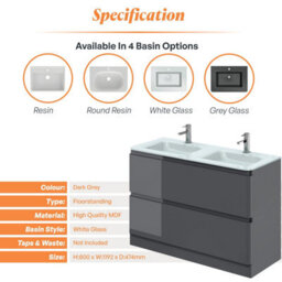 Plum&clay Marvel Gloss Dark Grey Floor Standing Bathroom Vanity Unit With White Glass Basin (W)1200mm - thumbnail 4