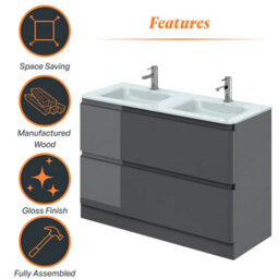 Plum&clay Marvel Gloss Dark Grey Floor Standing Bathroom Vanity Unit With White Glass Basin (W)1200mm - thumbnail 5