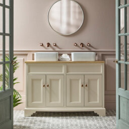 Homestylestore Antique White And Oak 1210mm Bathroom Vanity Unit With 2 Square Countertop Basins And Brushed Copper Round Handles - thumbnail 1