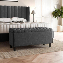 120Cm Safari Striped Plush Velvet Upholstered Ottoman Storage Bench With Legs,steel Grey Deep Storage End Of Bed Shoes Bench