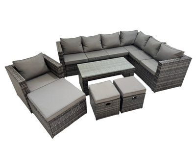 Fimous Outdoor Rattan Oblong Coffee Table Corner Sofa Sets Garden Furniture Set With Chair 3 Stool Dark Grey Mixed - image 1