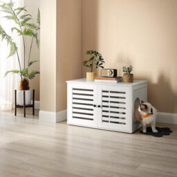 Songmics Enclosed Litter Box Furniture, Hidden Cat House With Divider And Shutter Doors, Multi-Use End Table, Cloud White - thumbnail 1