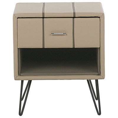 Wyld And Coco Beige Faux Leather Bedside Table With Hairpin Legs 56Cm - Contemporary Rectangular Nightstand - image 1