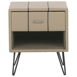 Wyld And Coco Beige Faux Leather Bedside Table With Hairpin Legs 56Cm - Contemporary Rectangular Nightstand - thumbnail 1
