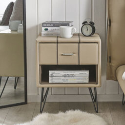 Wyld And Coco Beige Faux Leather Bedside Table With Hairpin Legs 56Cm - Contemporary Rectangular Nightstand - thumbnail 2