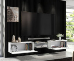Furneo White Floating Tv Cabinet 230Cm Wall Unit Modern High Gloss &matt Art 02 Blue Led Lights - thumbnail 2