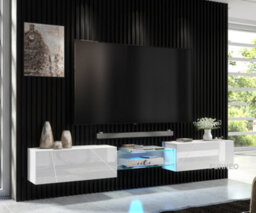 Furneo White Floating Tv Cabinet 230Cm Wall Unit Modern High Gloss &matt Art 02 Blue Led Lights - thumbnail 1